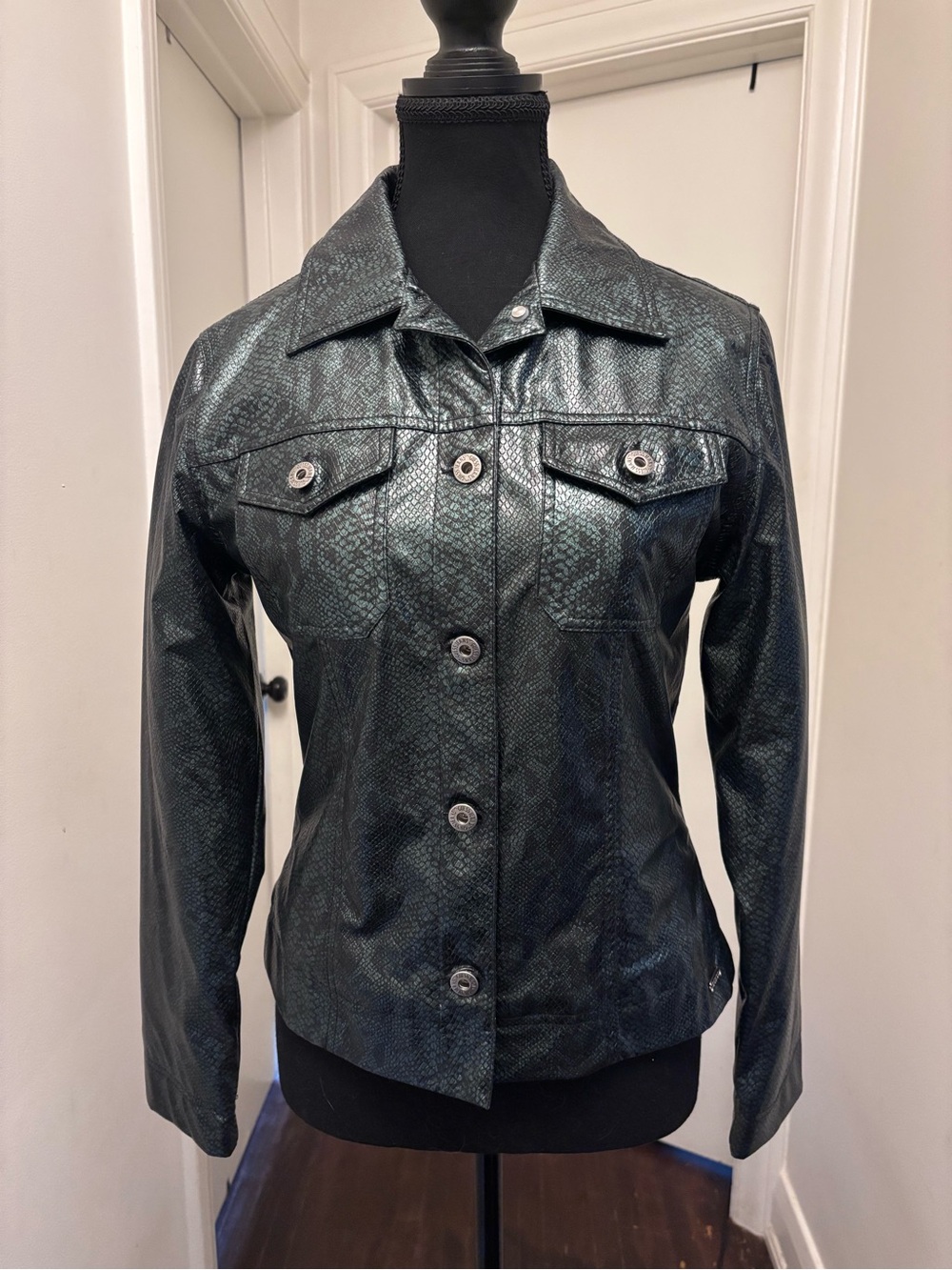 Guess Black Iridescent Faux-Snakeskin Button Jacket